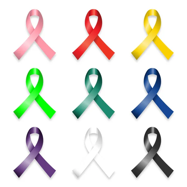Colorful realistic awareness ribbons set isolated on white background icon vector graphic design — Stock Vector
