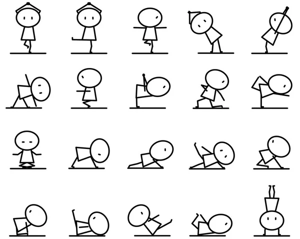 Set di cartone animato semplice linea sviluppatore in azione varietà di Yoga concetto di posa esercizio per la progettazione grafica vettoriale — Vettoriale Stock
