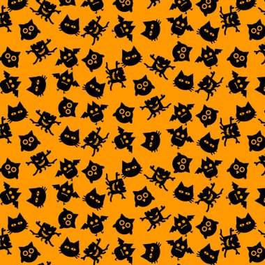 Siyah baykuş sopayı kedi ve Halloween iblis simgeler Dikişsiz desen vektör tasarım konsepti turuncu zemin üzerine