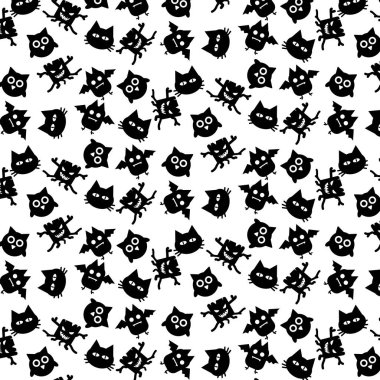 Siyah baykuş sopayı kedi ve Halloween iblis simgeler Dikişsiz desen vektör tasarım konsepti beyaz arka plan üzerinde