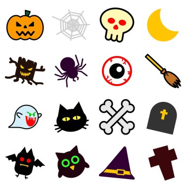 Grafik Illustrator tasarımı için beyaz arka plan üzerinde renkli izole siluetleri Halloween simgelerin koleksiyonu ayarla