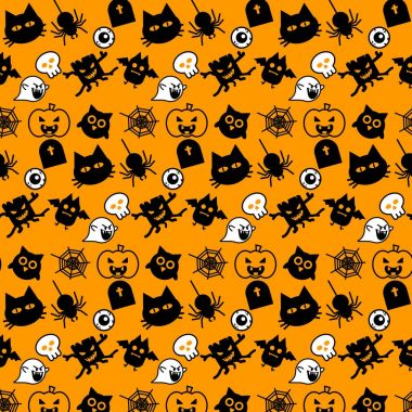 Cadılar Bayramı simgeler Dikişsiz desen vektör tasarım konsepti turuncu zemin üzerine
