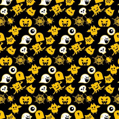 Turuncu Halloween simgeler Dikişsiz desen vektör tasarım konsepti siyah arka plan üzerine