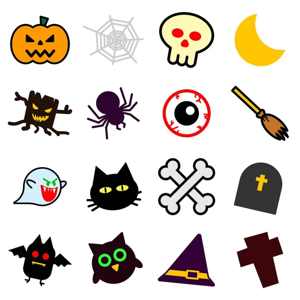 Grafik Illustrator tasarımı için beyaz arka plan üzerinde renkli izole siluetleri Halloween simgelerin koleksiyonu ayarla