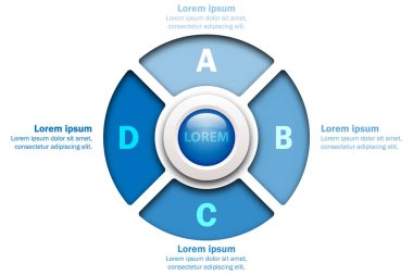 Poster vektör tasarım Infographic illüstrasyon kavramı mavi grafik kağıt üzerinde web sitesi tanıtımı için merkezi mermer çemberde stiliyle kesilmiş dört konuları kapsar