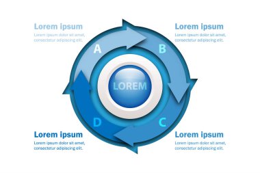 Dört konu ok grafik stili ile mermer daire Merkezi Web sitesi tanıtımı kapak poster vektör tasarım Infographic illüstrasyon kavramı içinde kesilmiş kağıt mavi