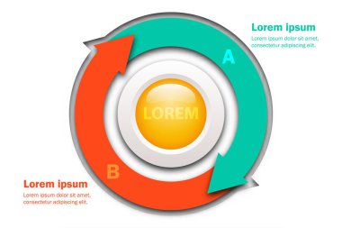 İki konu kağıt yeşil ve turuncu ok grafikte tarzı Web sitesi tanıtımı kapak poster vektör tasarım Infographic illüstrasyon kavramı merkezi mermer daire ile kesmek