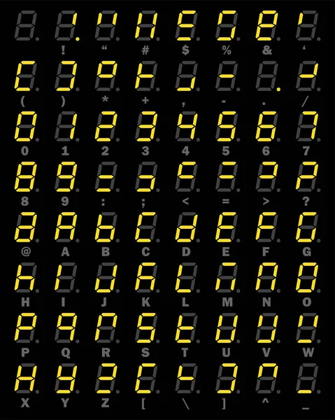 Led 디지털 숫자와 알파벳 집합이 그래픽 아이디어 디자인 개념에 배경에 — 스톡 벡터