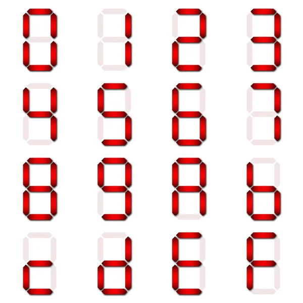 Conjunto Números Digitales Rojos Siete Segmentos Sobre Fondo Blanco Aislado — Vector de stock