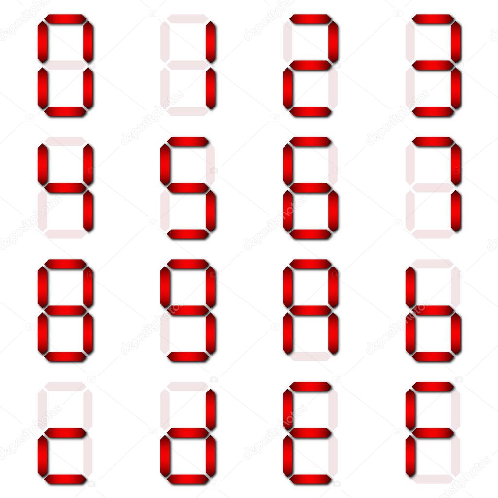 Red Digital number set of seven segment type on isolate white background for graphic idea design paper cut concept