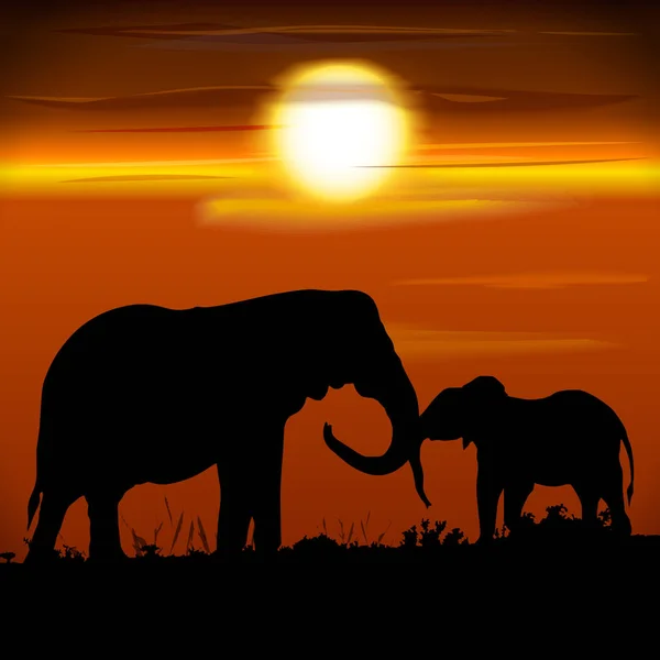 Silhouettes of two Elephants. Mother with Baby Elephants — Stock Vector