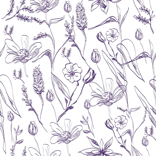 Flor sem costura desenhado por caneta padrão . Ilustrações De Stock Royalty-Free