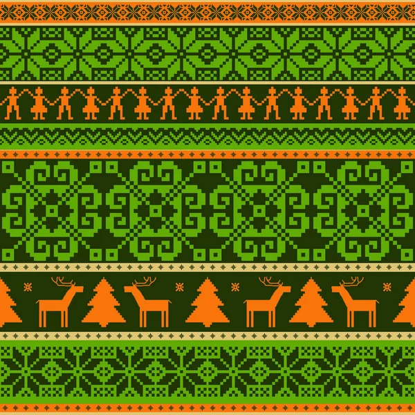 Patrón ornamental rayado de punto verde. Ciervo, árbol de Navidad a — Vector de stock