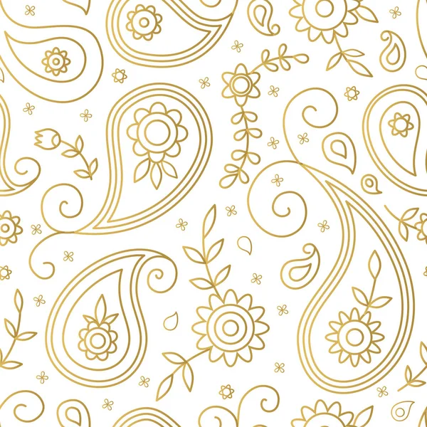 Wit en goud paisley en veldboeket patroon — Stockvector