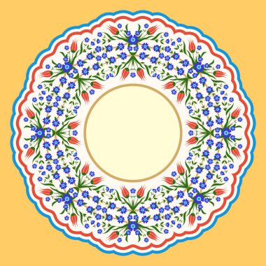 Süslü tabaklar. Yuvarlak desenli. Çiçek çerçevesi, laleler ve unutma beni çiçekleri.