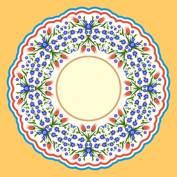 Διακοσμητικό Πιάτο Στρογγυλό Σχέδιο Τούρκικο Στυλ Φλοράλ Πλαίσιο Τουλίπες Και — Διανυσματικό Αρχείο