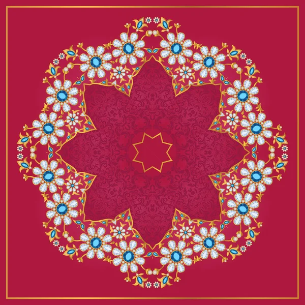 Mandala floral adornado, flores de piedras preciosas — Vector de stock