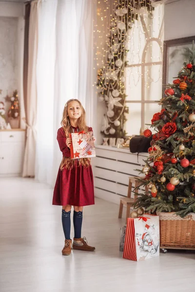 Güzel Kız Hediyeler Verir Noel Ağacında Noel Tatili — Stok fotoğraf