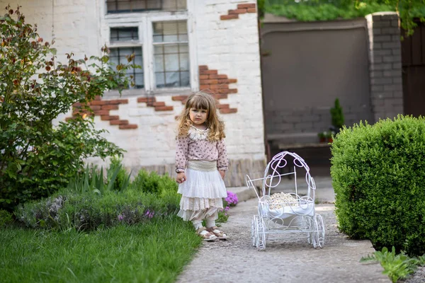 Linda Niña Con Cochecito Juguete Cerca Casa — Foto de Stock