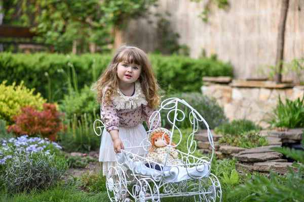 Cute Little Girl Toy Stroller Her House — Stock Photo, Image