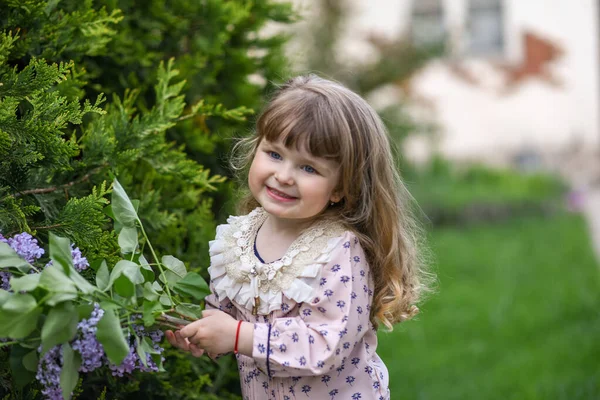 Egy Kislány Egy Csokor Vadvirággal Virágos Lány Portré Egy Lányról — Stock Fotó
