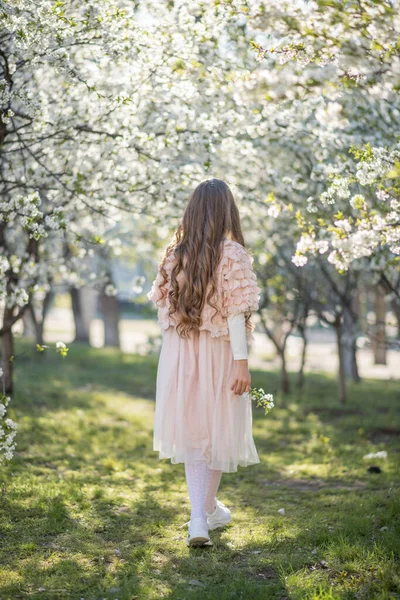 Klein Meisje Roze Jurk Het Voorjaar Tuin — Stockfoto
