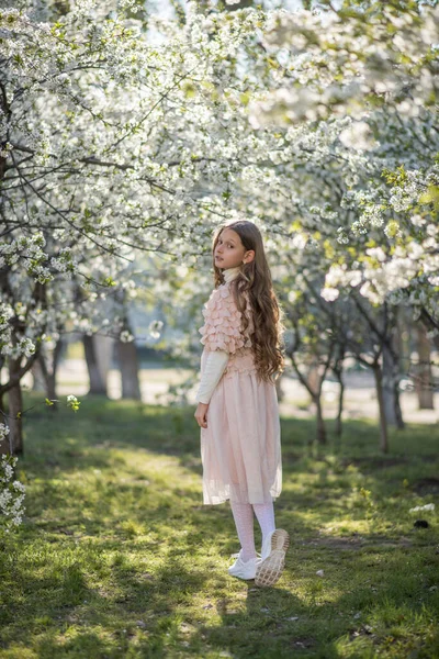 Kislány Rózsaszín Ruhában Tavaszi Kertben — Stock Fotó