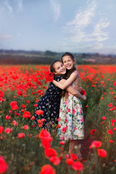 Schöne Mädchen Spielen Mohnfeld Mohnfeld Schwestern Auf Dem Feld Freundinnen — Stockfoto