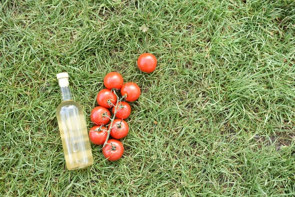 Hierba Verde Tomates Rojos Comida Sobre Fondo Verde Vegetarianismo Quédate — Foto de Stock