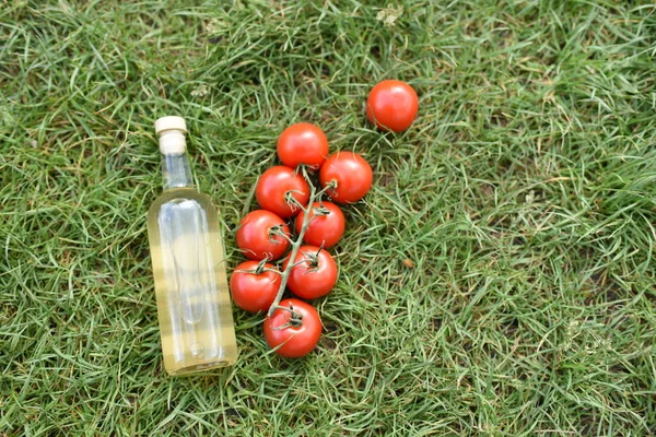 Herbe Verte Tomates Rouges Nourriture Sur Fond Vert Végétarisme Reste — Photo