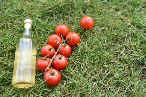 Herbe Verte Tomates Rouges Nourriture Sur Fond Vert Végétarisme Reste — Photo