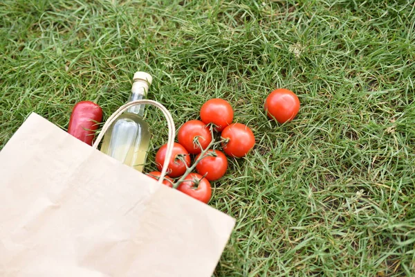 Fresh Vegetables Bottle Wine Bag Green Grass — Stock Photo, Image