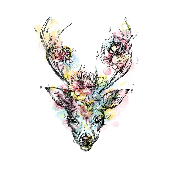Ein junges Reh mit Hornhörnern, auf das Pfingstrosen gepflanzt werden. Illustration. Entwerfen Sie ein Tattoo, ein Symbol mystischer Magie für Ihren Gebrauch. iillustration vereinzelte Hirsche, großes Geweih, Blumen auf den Hörnern — Stockfoto