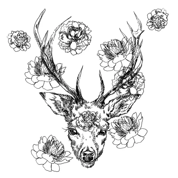 A young deer with horny horns on which peonies are planted. Illustration. Design a tattoo, a symbol of mystical magic for your use. Iillustration isolated deer, big antlers, flowers on the horns — Stock Photo, Image