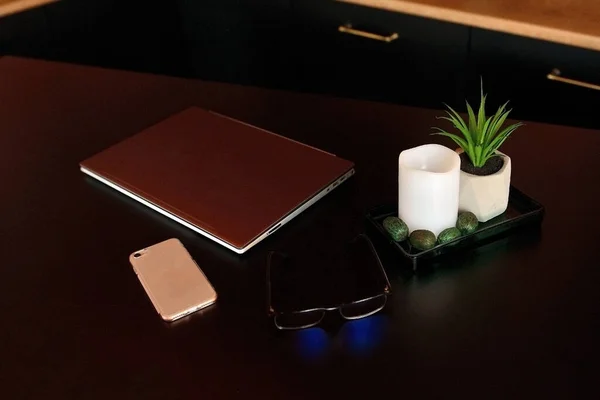 Laptop Telefon Okulary Wazon Rośliną Stole Biznesowym — Zdjęcie stockowe