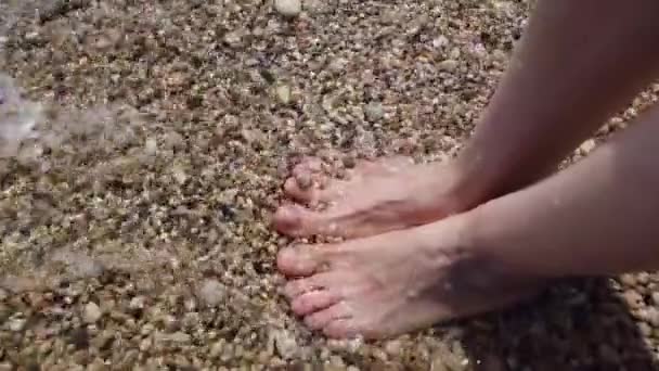 Havsvatten tvättar kvinnliga ben på en strand — Stockvideo