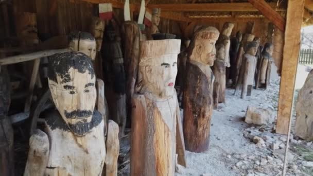 Fából készült szobrok egy régi európai kelta faluban — Stock videók