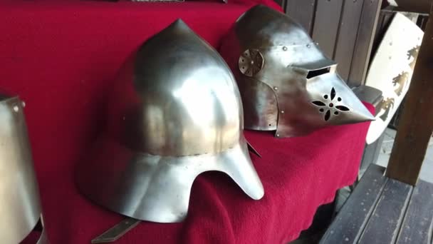 Two knights helmets in the castle. — Stock Video