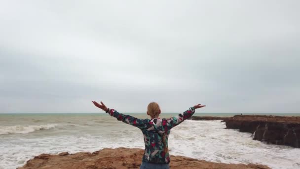 Ragazza alza le mani mentre in piedi con la schiena sulla riva del mare durante una tempesta. — Video Stock