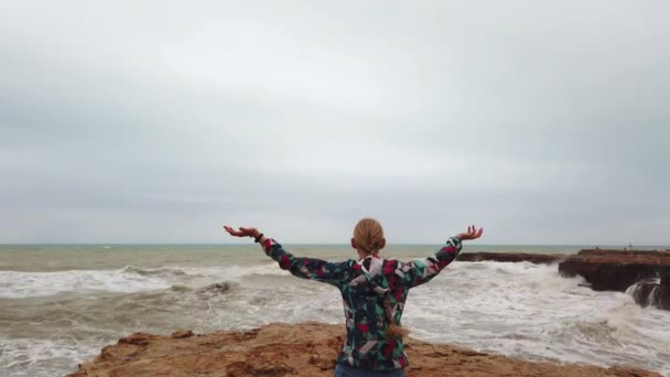 Ragazza alza le mani mentre in piedi con la schiena sulla riva del mare durante una tempesta. — Video Stock