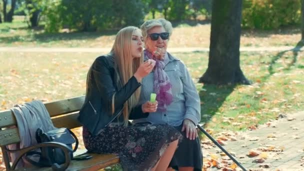 Feliz joven mujer soplando burbujas sentado junto con su abuela en el parque — Vídeo de stock