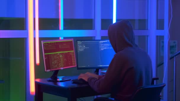 Vista trasera del hacker vestido con un cierre oscuro trabajando en la computadora — Vídeo de stock