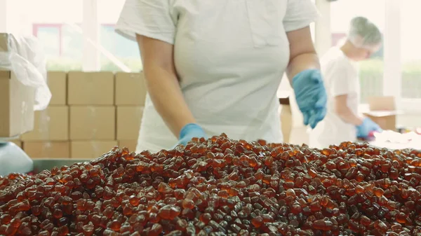 Factory worker packing candies. Candy factory.