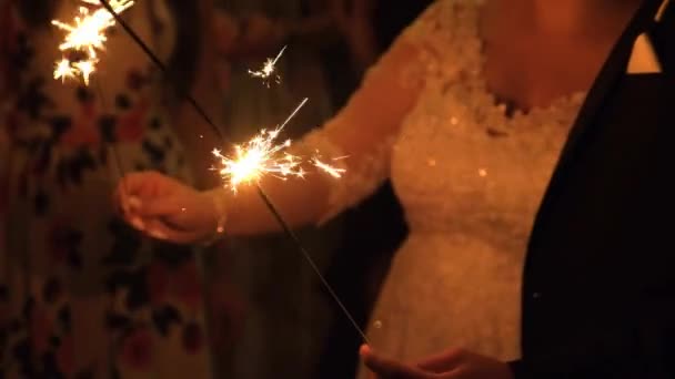 Newlyweds and guests lit night lights. — Stock Video