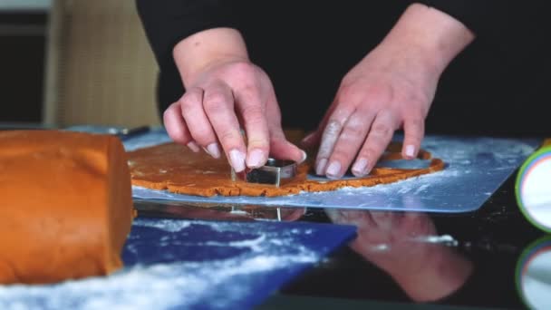 Close-up de fazer biscoitos de gengibre com cortador de biscoitos — Vídeo de Stock