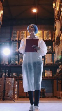 Denetleyici fabrika deposunu kontrol ediyor..