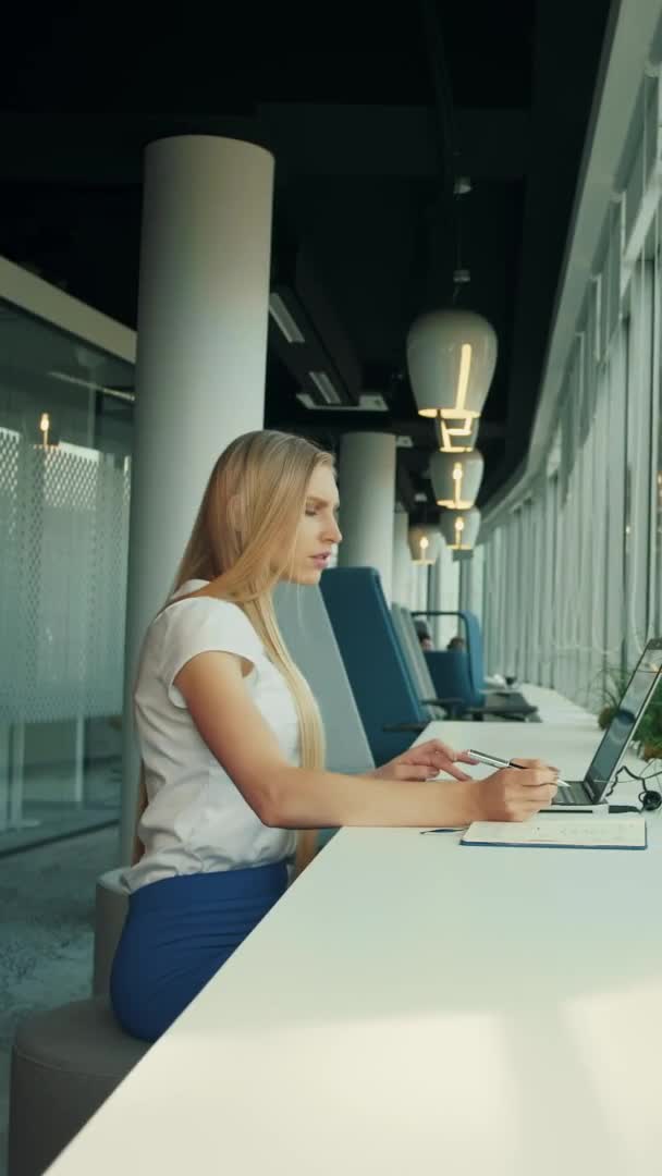 Mulher de negócios trabalhando com laptop no novo escritório. Vista lateral da mulher sentada à mesa ao lado da janela no escritório moderno e usando laptop à luz do dia . — Vídeo de Stock