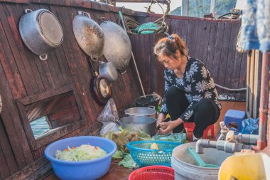 Vietnamlı kadın teknede yemek pişiriyor.