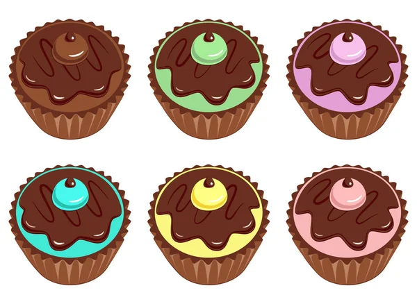 Cupcakes a csokoládé máz krém és a fondant csoportja. — Stock Vector