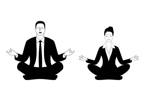 Homme d'affaires et femme d'affaires assis dans la pose Padmasana Lotus . — Image vectorielle